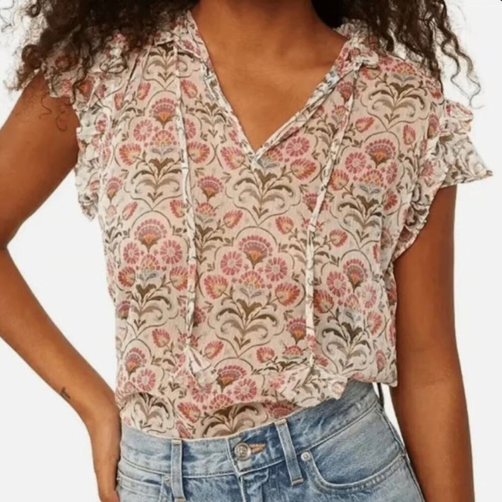 MISA Los Angeles Woman Medium Basia Chiffon Top in Somerset Stencil short sleeve